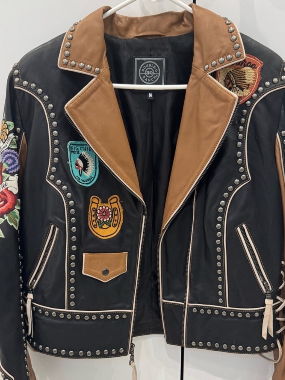 Double D Ranch Running on Empty leather biker jacket embroidered studs RTL $1395 - Picture 10 of 10